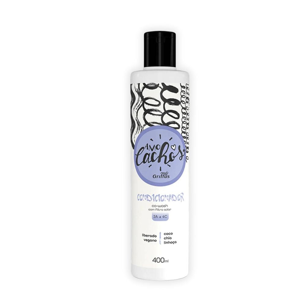 Acondicionador Griffus Amo Cachos 400ml: El sello de "Suavidad Extrema" y desenredado instantáneo; fórmula vegana y liberada con Coco, Chía y Linaza que sella la cutícula, retiene la hidratación y elimina el frizz en rulos 2ABC, 3ABC y 4ABC