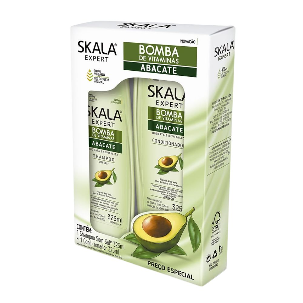 Kit Skala Expert Bomba de Vitaminas Abacate (Shampoo + Acondicionador): El dúo de "Hidratación Nutritiva" para el crecimiento saludable; fórmula vegana con Aceite de Aguacate, Aloe Vera y Óleo de Rícino que restaura la suavidad, elimina la sequedad y fortalece rulos tipo 2ABC, 3ABC y 4ABC.