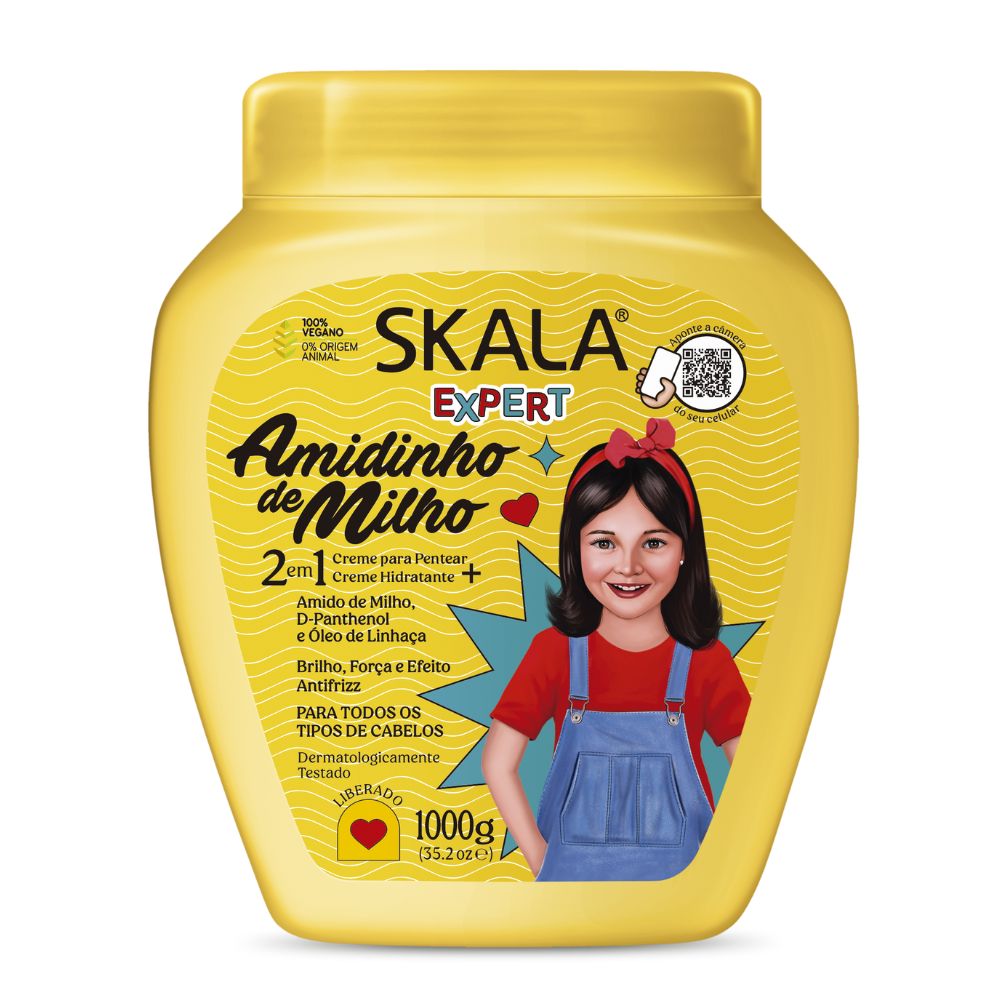 Máscara Skala Expert Amidinho de Milho 1000g: La versión ultra-delicada del clásico más vendido de Skala; fórmula 2-en-1 vegana, liberada y dermatológicamente testeada, diseñada para fortalecer, dar un "brillo espejo" y facilitar el desenredado sin tirones en rulos tipo 2ABC, 3ABC y 4ABC.