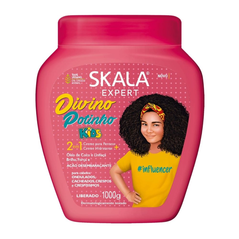 Máscara Skala Expert Divino Potinho 1000g: La versión infantil del "best-seller" mundial; fórmula 2-en-1 vegana y liberada enriquecida con Óleo de Coco y Linaza para hidratar, eliminar el frizz y dar brillo a rulos 2ABC, 3ABC y 4ABC de forma suave y segura.