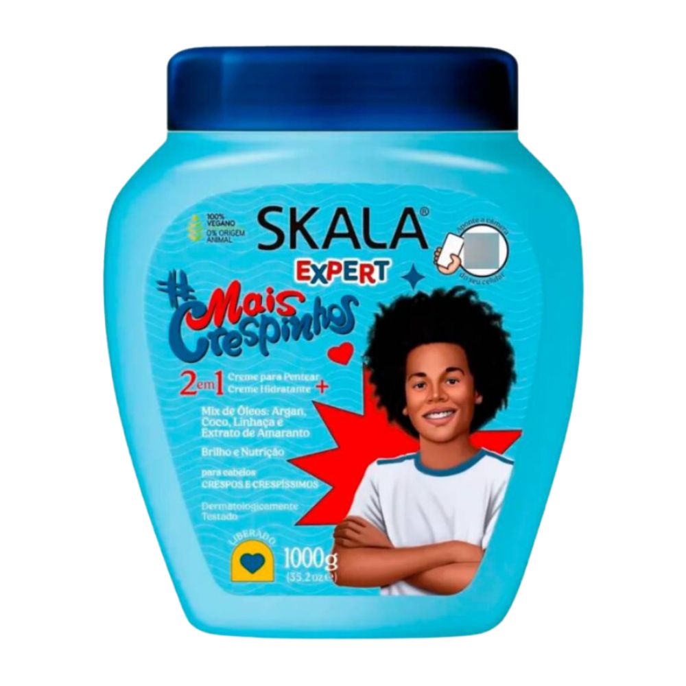Máscara Skala Expert Mais Crespinhos 1000g: El tratamiento intensivo de "Súper-Fuerza e Hidratación" para los más pequeños; fórmula 2-en-1 vegana y liberada enriquecida con Óleo de Argán, Coco, Linaza y Vitaminas, diseñada para desenredar, dar brillo y definir rulos 3ABC y 4ABC.