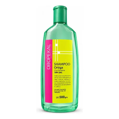 Shampoo de Ortiga Obopekal de 500gr, fórmula sin sal diseñada para el fortalecimiento capilar, control de la caída y purificación del cuero cabelludo