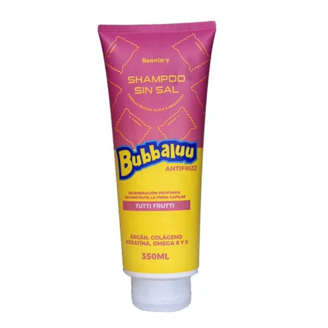 Shampoo capilar Bubbaluu de 350ml con aroma a Tutti Frutti, diseñado para una limpieza suave, aportando brillo y una fragancia dulce duradera al cabello