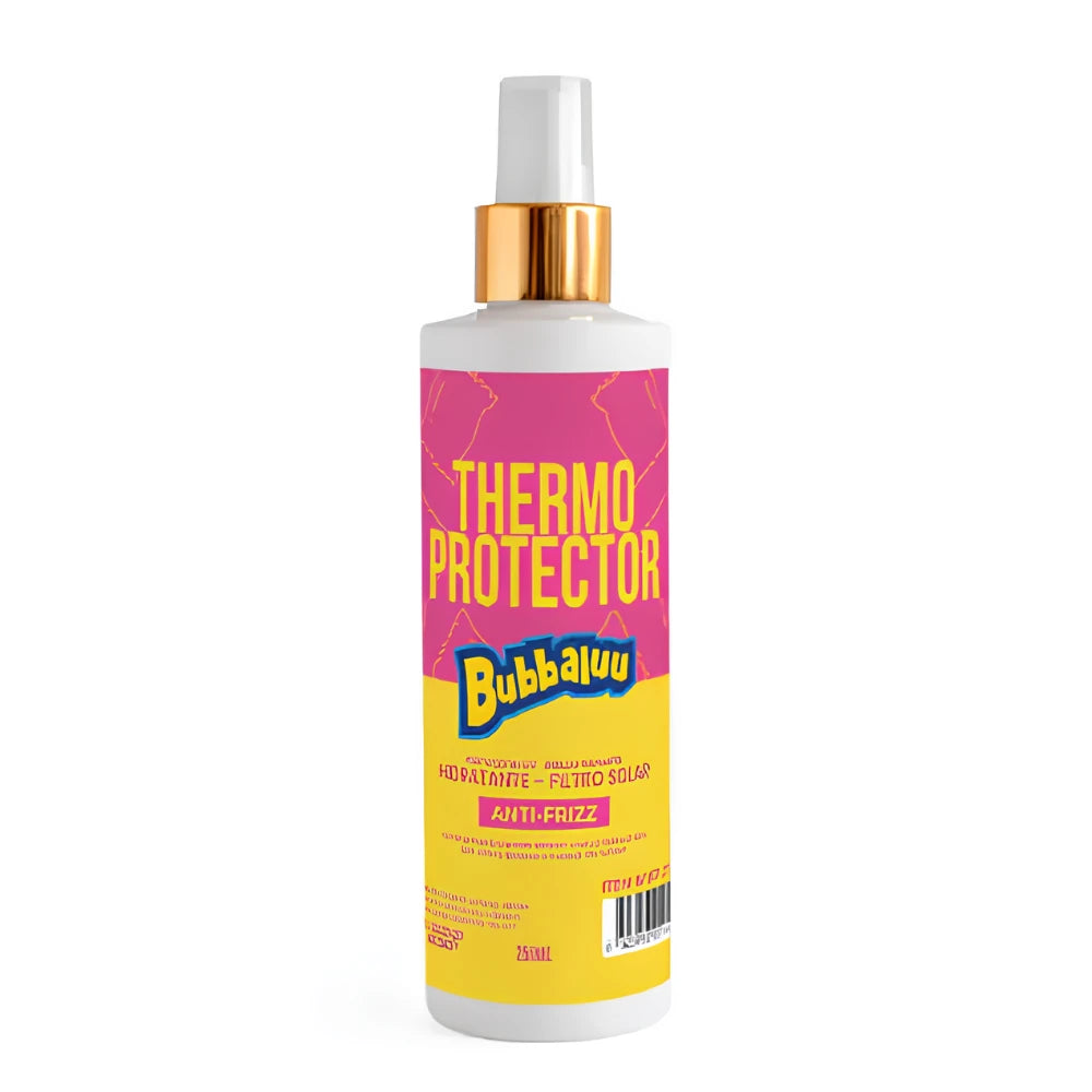 protector termico capilar Bubbaluu con aroma a Tutti Frutti en spray de 250ml, diseñado para brindar protección térmica contra el calor de planchas y secadores, aportando brillo y control de frizz