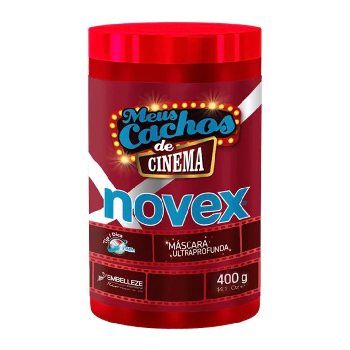 Máscara Crema Meus Cachos de Cinema Novex para hidratación ultra profunda, definición de rulos tipo 3ABC y suavidad extrema con aceites de coco y argán.