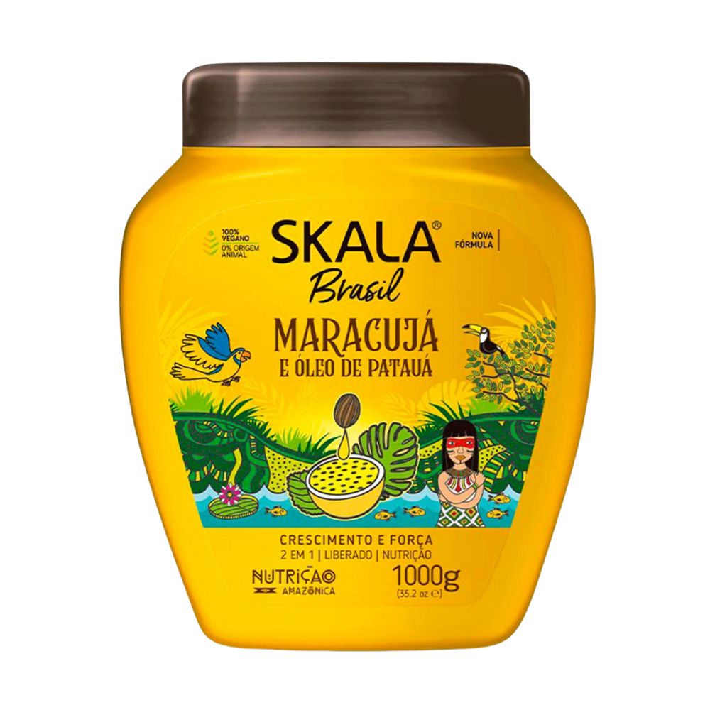 Máscara Skala Expert Maracujá e Óleo de Patauá 1000g: Tratamiento de Nutri-Reconstrucción diseñado para acelerar el crecimiento y fortalecer la fibra capilar; fórmula 2 en 1 liberada y vegana que utiliza el aceite de Patauá para combatir el quiebre y devolver el brillo natural a cabellos debilitados.