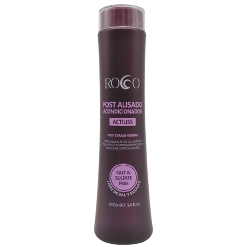 Acondicionador Rocco Post Alisado Sin Sal 400ml: El sellador de suavidad extrema; fórmula profesional diseñada para prolongar el efecto liso, eliminar el frizz y restaurar la hidratación perdida tras procesos químicos, dejando el cabello sedoso, brillante y fácil de peinar.
