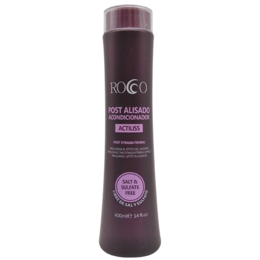 Acondicionador Rocco Post Alisado Sin Sal 400ml: El sellador de suavidad extrema; fórmula profesional diseñada para prolongar el efecto liso, eliminar el frizz y restaurar la hidratación perdida tras procesos químicos, dejando el cabello sedoso, brillante y fácil de peinar.