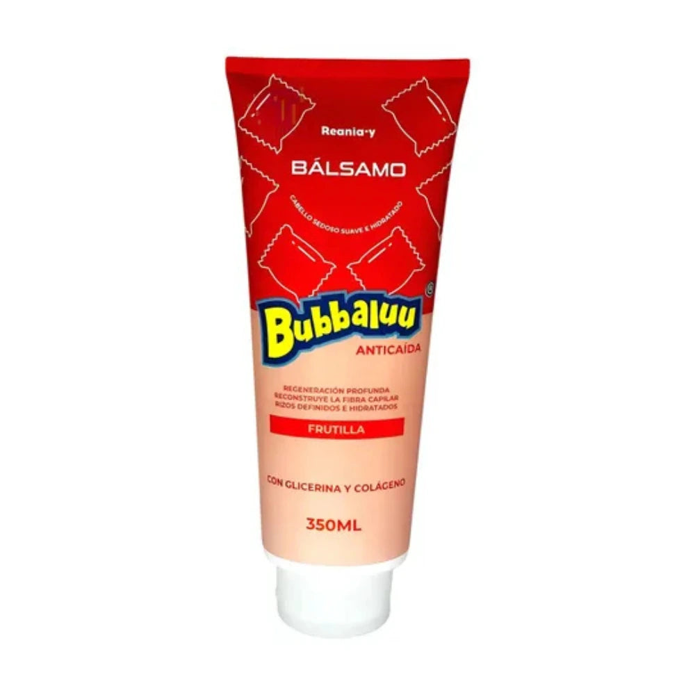 acondicionador capilar Bubbaluu de 350ml con aroma a frutilla, diseñado para desenredar el cabello, aportar suavidad instantánea y dejar una fragancia frutal duradera