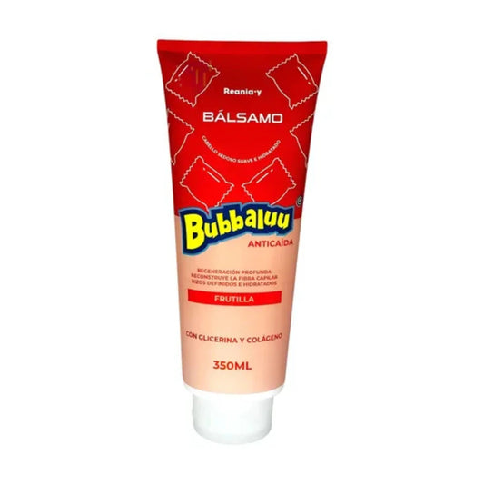 acondicionador capilar Bubbaluu de 350ml con aroma a frutilla, diseñado para desenredar el cabello, aportar suavidad instantánea y dejar una fragancia frutal duradera