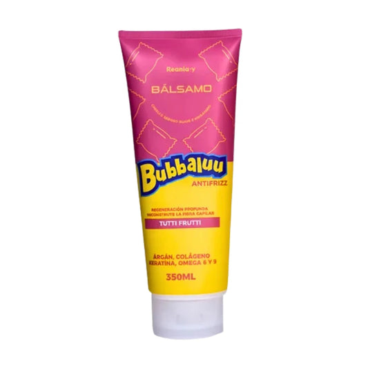 acondicionador capilar Bubbaluu de 350ml con aroma a Tutti Frutti, diseñado para desenredar el cabello, aportar suavidad instantánea y dejar una fragancia dulce y duradera