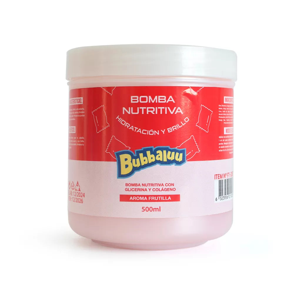 mascara crema Bomba Nutritiva Bubbaluu de 500ml con aroma a frutilla, tratamiento de hidratación profunda y nutrición para todo tipo de cabello