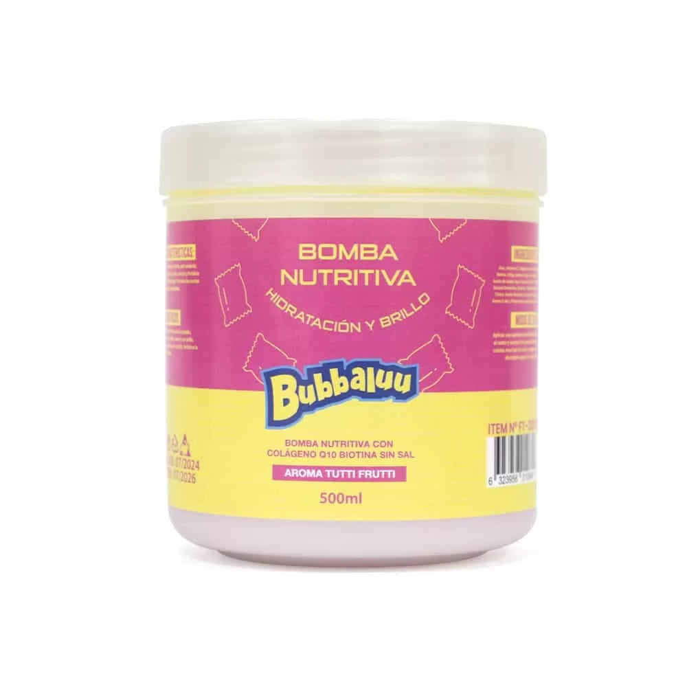 mascarilla Bomba Nutritiva Bubbaluu de 500ml con aroma a Tutti Frutti, tratamiento de hidratación profunda y nutrición intensiva para todo tipo de cabello
