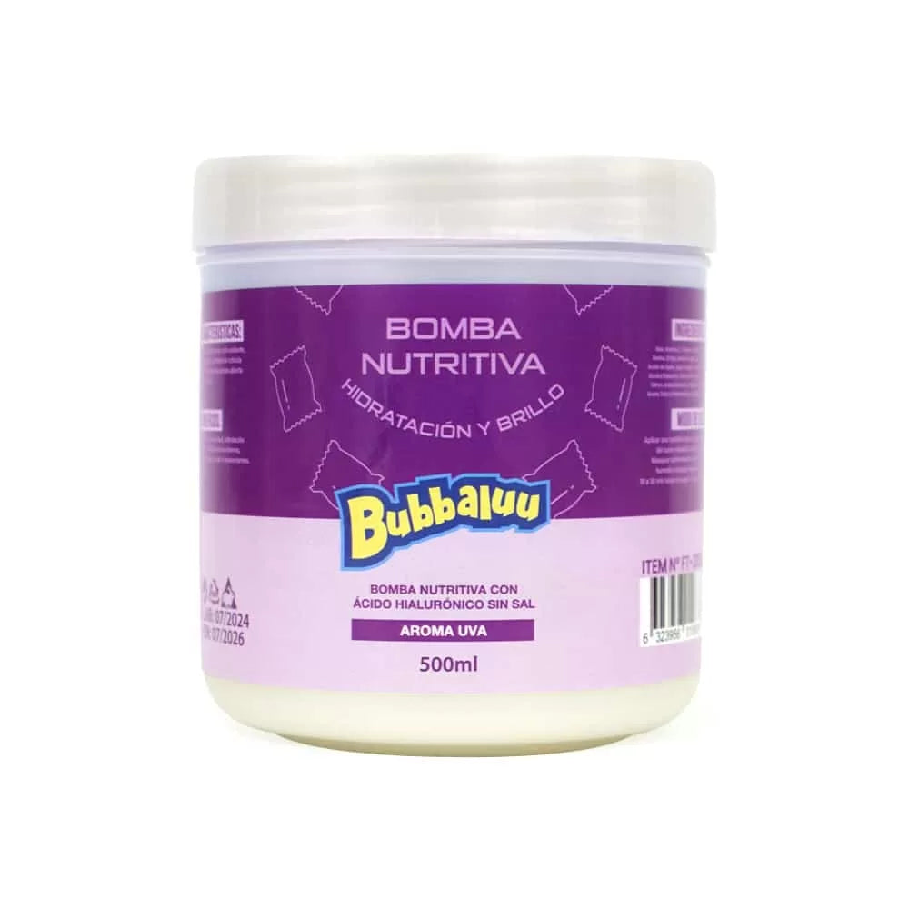 mascara crema Bomba Nutritiva Bubbaluu de 500ml con aroma a uva, tratamiento de hidratación profunda y nutrición intensiva para todo tipo de cabello