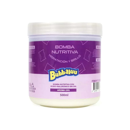 mascara crema Bomba Nutritiva Bubbaluu de 500ml con aroma a uva, tratamiento de hidratación profunda y nutrición intensiva para todo tipo de cabello