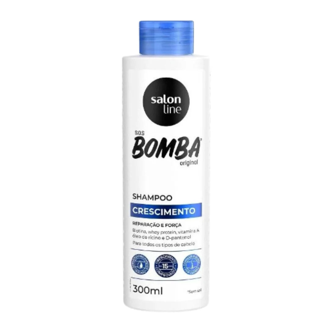 Shampoo S.O.S Bomba Original Salon Line de 300ml para crecimiento comprobado, limpieza suave y fortalecimiento de la fibra capilar en todo tipo de cabello.