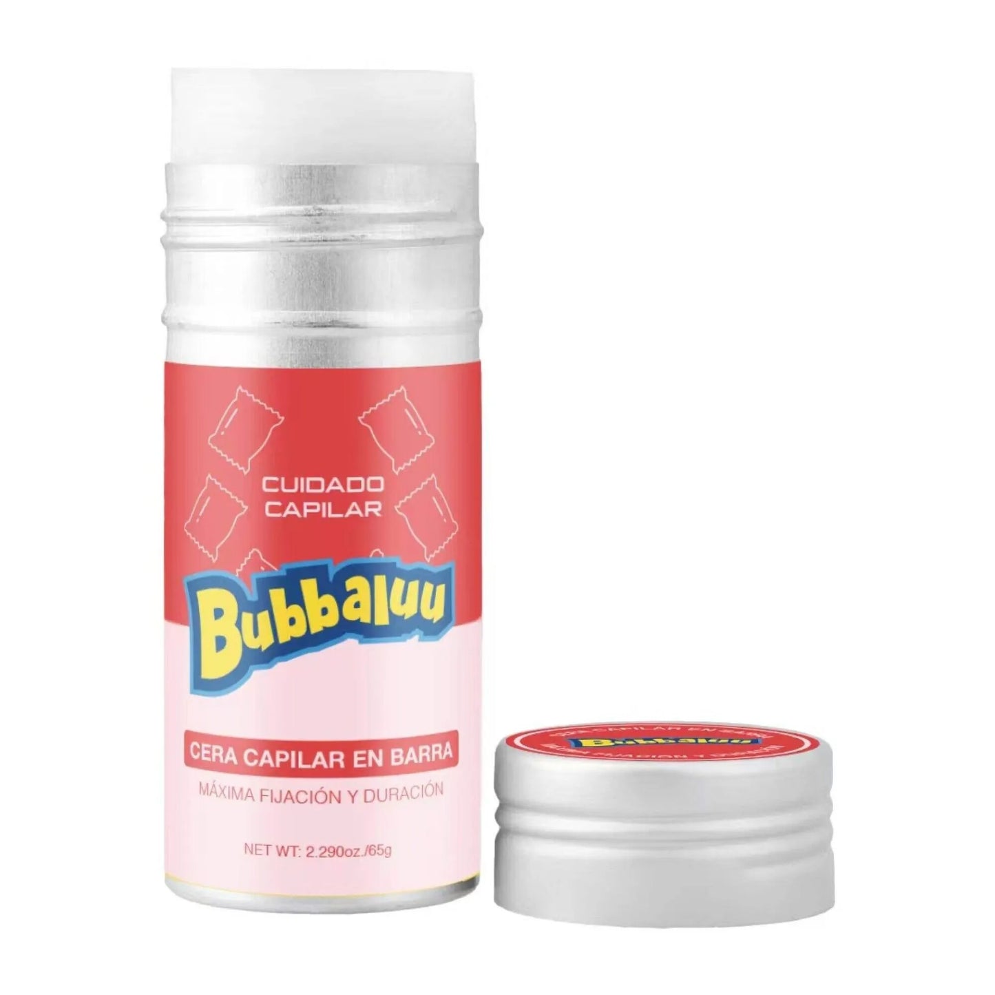 Cera en barra Bubbaluu con aroma a frutilla para control de frizz y definición de peinados, ideal para fijar baby hairs y lograr un acabado pulido