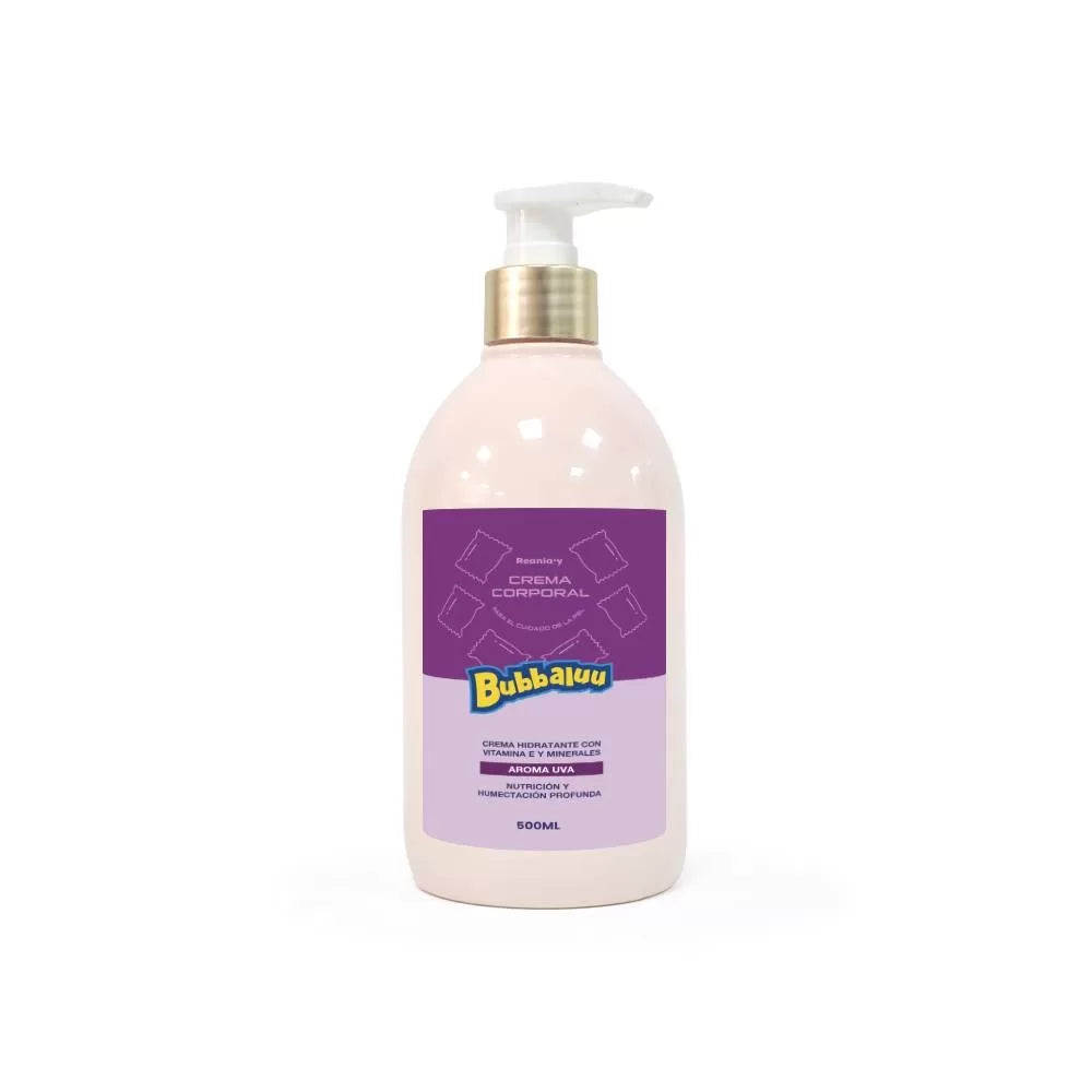 Crema corporal Bubbaluu de 500ml con aroma a uva para hidratación profunda y nutrición diaria, dejando la piel suave y perfumada.