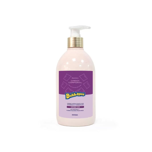 Crema corporal Bubbaluu de 500ml con aroma a uva para hidratación profunda y nutrición diaria, dejando la piel suave y perfumada.