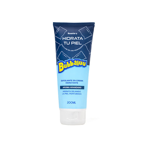 Exfoliante corporal Bubbaluu de 200ml con aroma a arándano, diseñado para una exfoliación física suave, renovación dérmica y aporte de antioxidantes a la piel