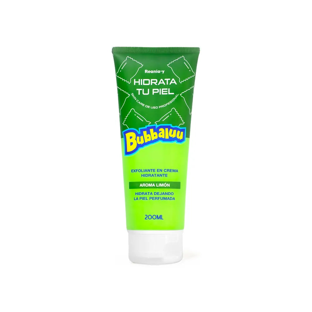 Exfoliante corporal Bubbaluu de 200ml con aroma a limón, diseñado para una exfoliación física suave, renovación dérmica y aporte de frescura astringente a la pie