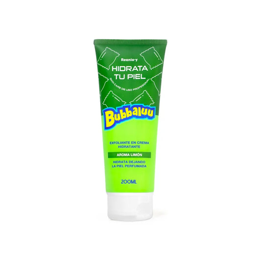 Exfoliante corporal Bubbaluu de 200ml con aroma a limón, diseñado para una exfoliación física suave, renovación dérmica y aporte de frescura astringente a la pie