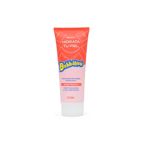 Exfoliante corporal Bubbaluu de 200ml con aroma a frutilla, diseñado para una exfoliación física suave, renovación dérmica e hidratación de la piel