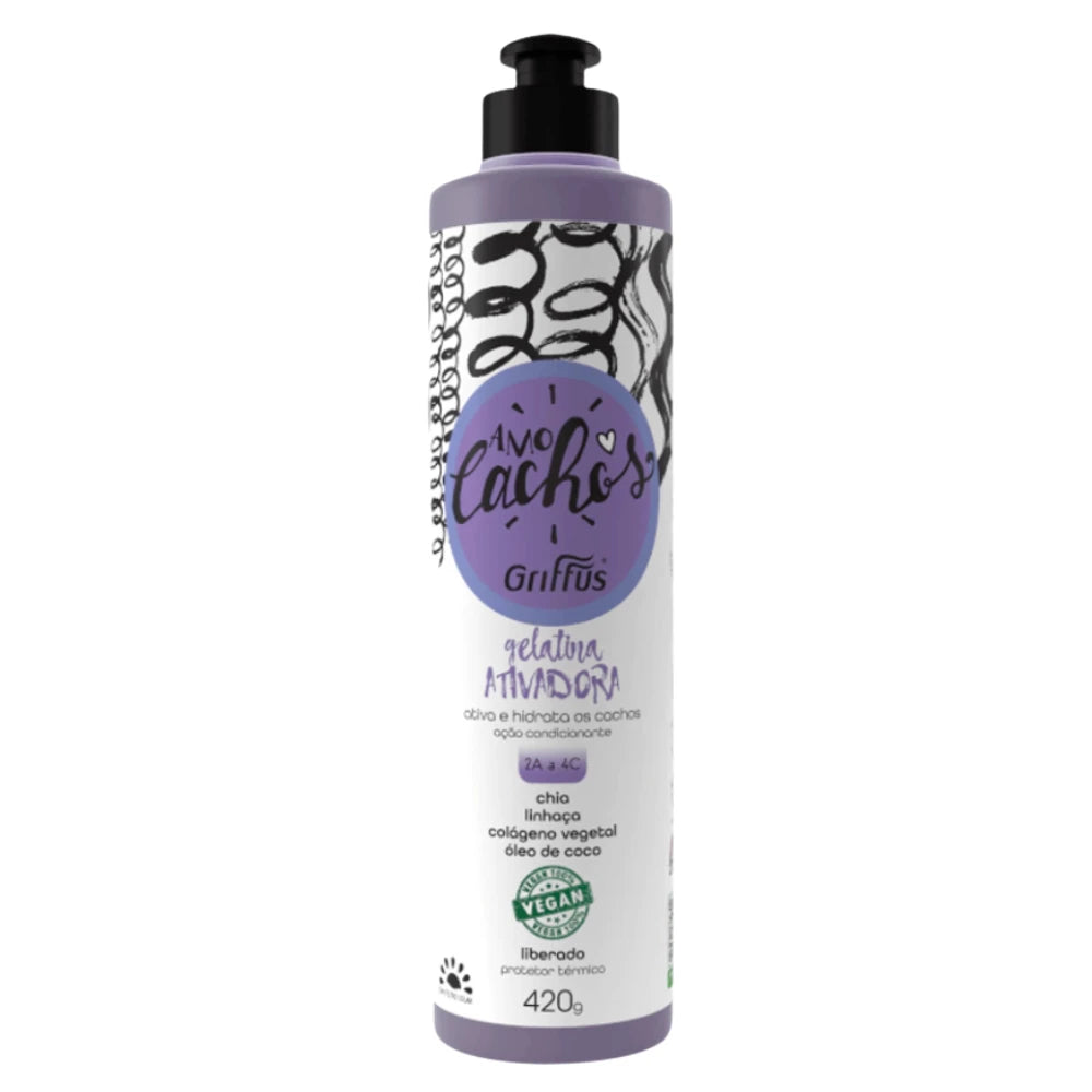 Gelatina Activadora Griffus para definición de rulos tipo 3ABC, fijación flexible y activación de rizos con brillo natural y control de frizz.