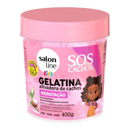 Gelatina Hidratación Kids S.O.S Cachos Salon Line de 400g para definición de rulos infantiles, hidratación profunda y control de frizz con aloe vera y d-pantenol.