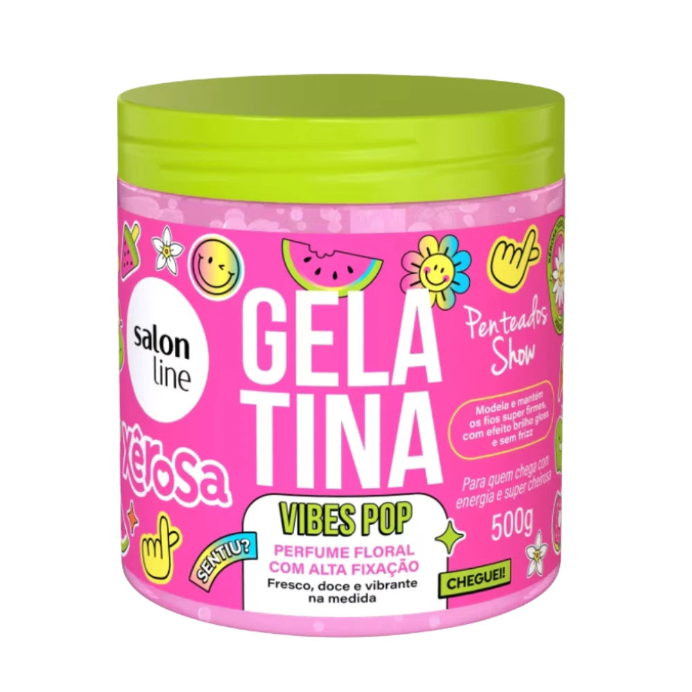 Gelatina Vibes Pop Xerosa Salon Line de 500g para definición extrema de rulos, fijación duradera y brillo intenso en cabellos 3ABC.