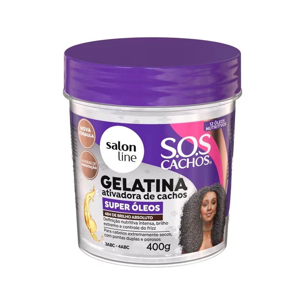 Gelatina Activadora de Rizos S.O.S Cachos Super Óleos de 400g para definición extrema, nutrición profunda y brillo radiante en cabellos 3ABC y afro.