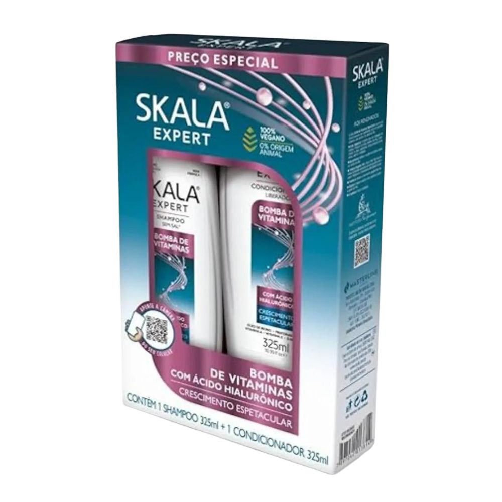Kit Skala Expert Ácido Hialurónico Bomba de Vitaminas (Shampoo + Acondicionador + Máscara 1kg): El tratamiento de "Súper Hidratación" y relleno capilar; fórmula vegana y liberada que utiliza el poder del Ácido Hialurónico para retener la humedad, devolver la elasticidad y dar un brillo radiante a rulos 2ABC, 3ABC y 4ABC.