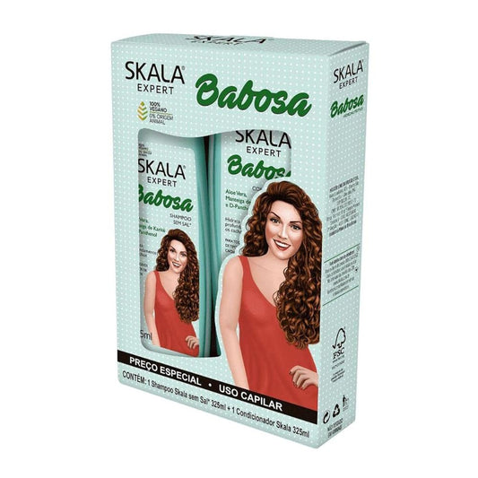 Kit Skala Expert Babosa 2-en-1 (Shampoo + Acondicionador): El tratamiento de "Súper-Hidratación" y regeneración; fórmula vegana enriquecida con Aloe Vera, Hydrovance y Manteca de Karité que repone el agua en la fibra, fortalece el cabello y define rulos tipo 2ABC, 3ABC y 4ABC.
