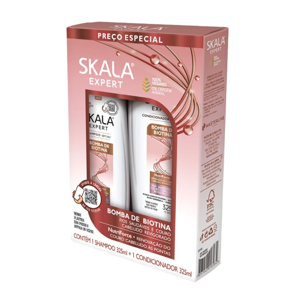 Kit Skala Expert Bomba de Vitaminas Biotina (Shampoo + Acondicionador): El dúo dinámico para el "Crecimiento y Resistencia"; fórmula vegana enriquecida con Biotina, Óleo de Rícino y Proteínas Vegetales que fortalece la fibra capilar, previene la caída por quiebre y devuelve la vitalidad a cabellos débiles o estancados.
