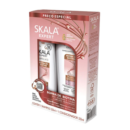 Kit Skala Expert Bomba de Vitaminas Biotina (Shampoo + Acondicionador): El dúo dinámico para el "Crecimiento y Resistencia"; fórmula vegana enriquecida con Biotina, Óleo de Rícino y Proteínas Vegetales que fortalece la fibra capilar, previene la caída por quiebre y devuelve la vitalidad a cabellos débiles o estancados.