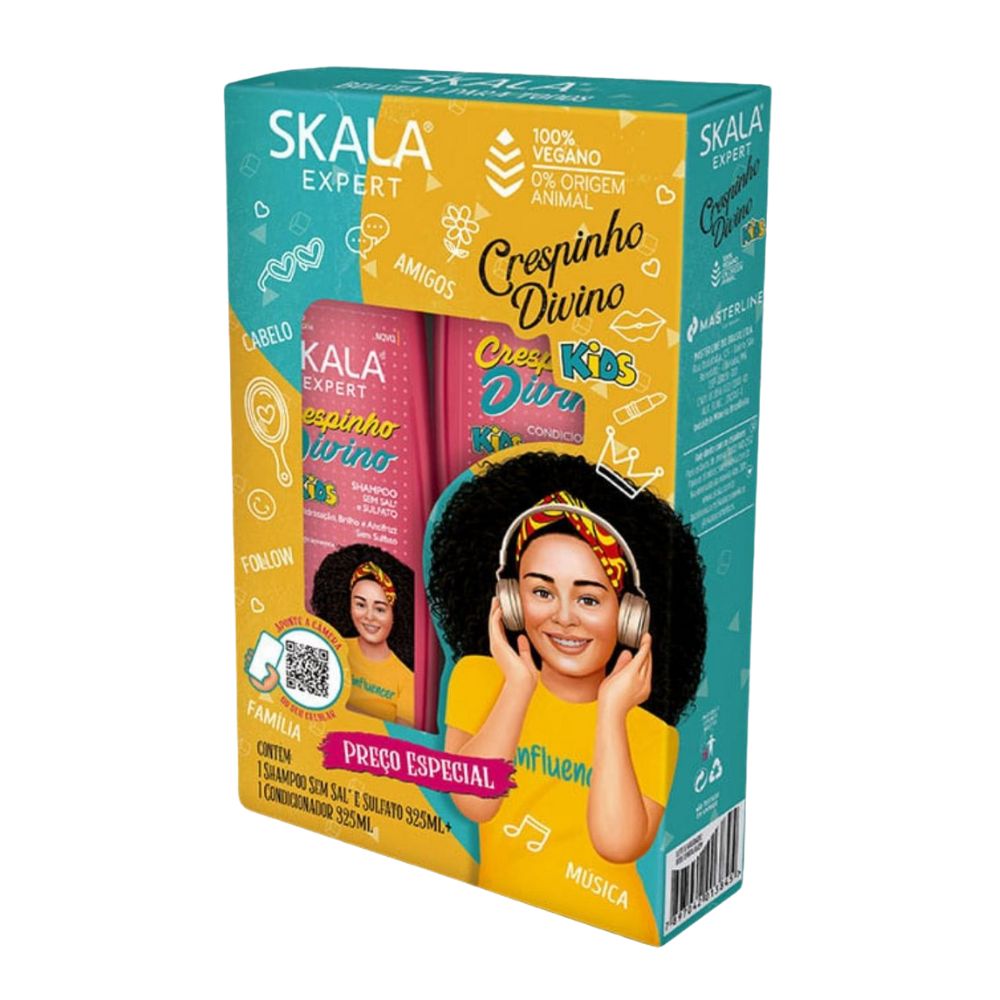 Kit Skala Expert Crespinho Divino (Shampoo + Acondicionador + Máscara 1kg): El ritual de "Cuidado Delicado" para rulos definidos y sin nudos; fórmula 100% vegana y liberada enriquecida con Óleo de Linaza y Vitamina E, diseñada específicamente para hidratar y dar brillo a cabellos tipo 2ABC, 3ABC y 4ABC
