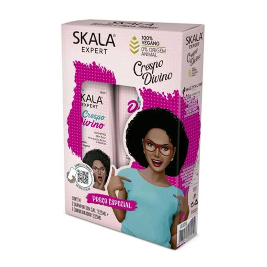 Kit Skala Expert Crespo Divino (Shampoo + Acondicionador + Máscara 1kg): El sistema definitivo de "Definición y Volumen" para rulos 3ABC y 4ABC; fórmula vegana y liberada enriquecida con Óleo de Rícino, Argán y Queratina Vegetal que fortalece la fibra, aporta brillo y elimina el frizz.