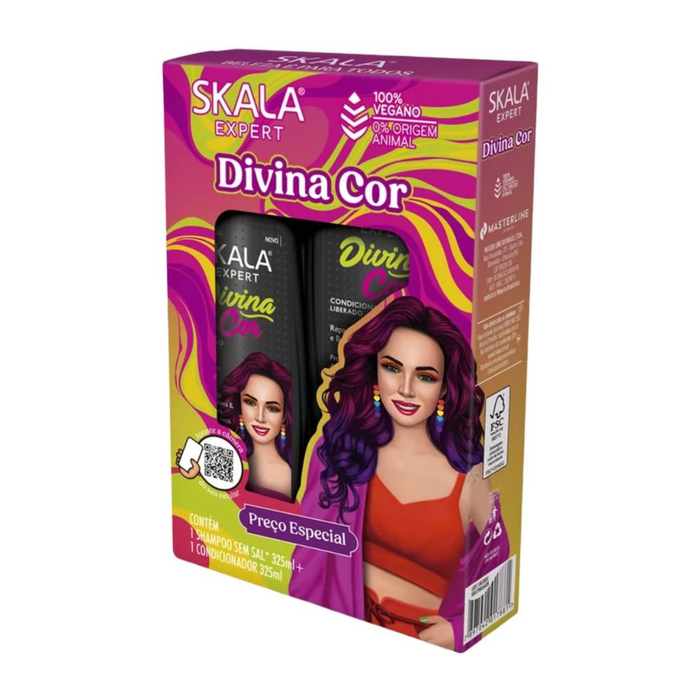Kit Skala Expert Divina Cor (Shampoo + Acondicionador + Máscara 1kg): El sistema de "Protección de Color" y brillo radiante; fórmula vegana y liberada enriquecida con Vitamina E y Proteína de Arroz que sella la cutícula, evita el deslavado y revitaliza rulos 2ABC, 3ABC y 4ABC.