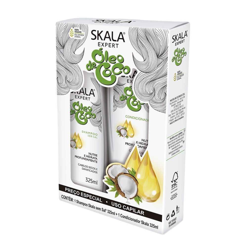 Kit Skala Expert Óleo de Coco (Shampoo + Acondicionador): El tratamiento de "Nutrición e Hidratación Profunda"; fórmula vegana enriquecida con Aceite de Coco puro y Pantenol que penetra en la cutícula, elimina la porosidad y devuelve el brillo natural a cabellos secos y rulos 3ABC.
