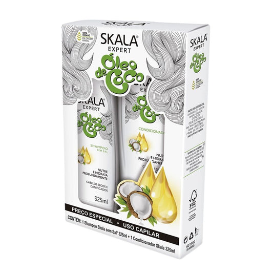 Kit Skala Expert Óleo de Coco (Shampoo + Acondicionador): El tratamiento de "Nutrición e Hidratación Profunda"; fórmula vegana enriquecida con Aceite de Coco puro y Pantenol que penetra en la cutícula, elimina la porosidad y devuelve el brillo natural a cabellos secos y rulos 3ABC.