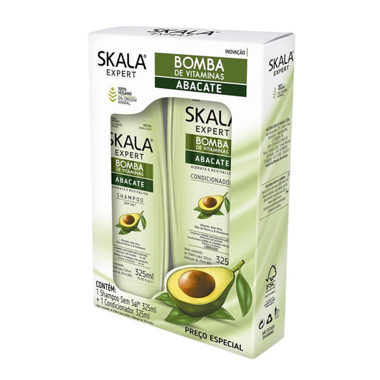 Kit Skala Expert Bomba de Vitaminas Abacate (Shampoo + Acondicionador): El dúo de "Hidratación Nutritiva" para el crecimiento saludable; fórmula vegana con Aceite de Aguacate, Aloe Vera y Óleo de Rícino que restaura la suavidad, elimina la sequedad y fortalece rulos tipo 2ABC, 3ABC y 4ABC.