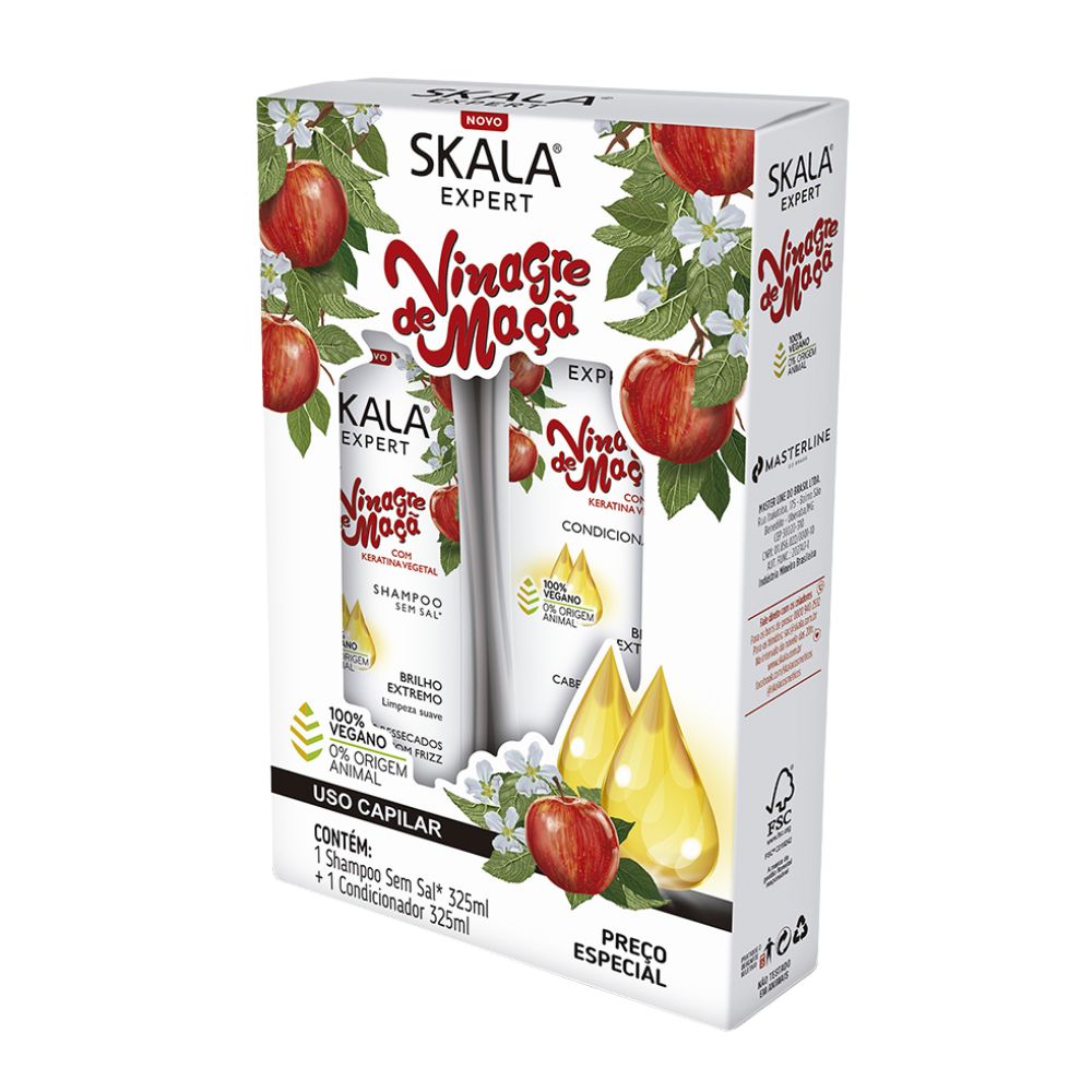 Kit Skala Expert Vinagre de Manzana (Shampoo + Acondicionador + Máscara 1kg): El sistema de "Sellado de Cutículas" y brillo extremo; fórmula vegana y liberada enriquecida con Vinagre de Manzana, Vitamina E y D-Pantenol que equilibra el pH, elimina la porosidad y restaura la suavidad en rulos 3ABC.