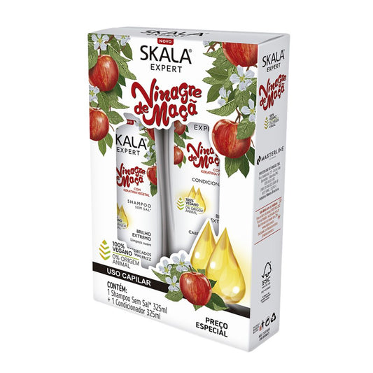 Kit Skala Expert Vinagre de Manzana (Shampoo + Acondicionador + Máscara 1kg): El sistema de "Sellado de Cutículas" y brillo extremo; fórmula vegana y liberada enriquecida con Vinagre de Manzana, Vitamina E y D-Pantenol que equilibra el pH, elimina la porosidad y restaura la suavidad en rulos 3ABC.