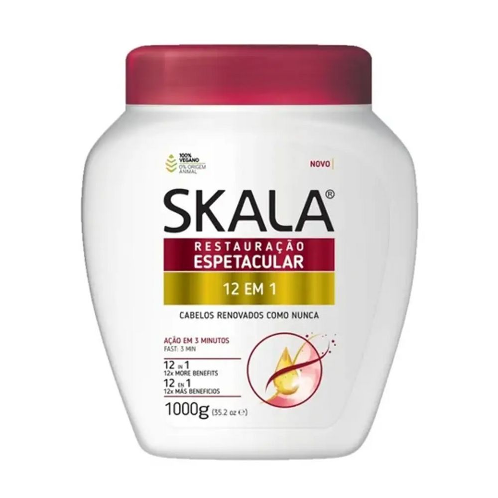 Máscara Skala Expert 12 em 1 1000g: El complejo multivitamínico de "Restauración Total"; fórmula 2-en-1 enriquecida con 12 activos potentes diseñada para reconstruir la fibra capilar, eliminar la porosidad y devolver la vitalidad a cabellos severamente dañados o químicamente tratados.