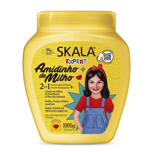 Máscara Skala Expert Amidinho de Milho 1000g: La versión ultra-delicada del clásico más vendido de Skala; fórmula 2-en-1 vegana, liberada y dermatológicamente testeada, diseñada para fortalecer, dar un "brillo espejo" y facilitar el desenredado sin tirones en rulos tipo 2ABC, 3ABC y 4ABC.