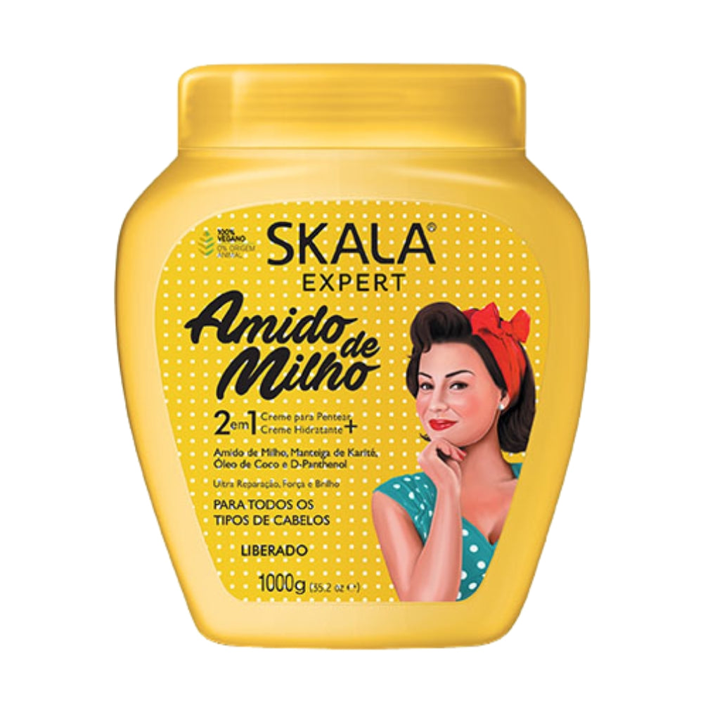 Máscara Skala Expert Amido de Milho 1000g: El tratamiento 2-en-1 de "Reparación Ultra" y brillo espejo; fórmula vegana y liberada enriquecida con Almidón de Maíz, Manteca de Karité, Aceite de Coco y D-Pantenol que fortalece, suaviza y alinea la fibra capilar