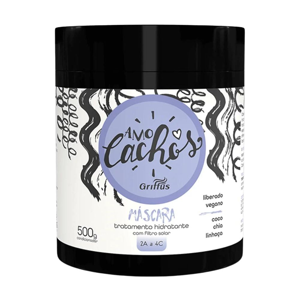 Máscara Griffus Amo Cachos 500g: El tratamiento intensivo de "Nutrición y Memoria"; fórmula profesional enriquecida con Chia, Linaza y Aceite de Coco que hidrata profundamente, restaura la elasticidad y blinda la definición en rulos patrones 2ABC, 3ABC y 4ABC.