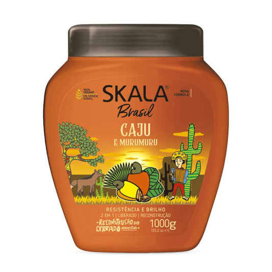 Máscara Skala Expert Caju e Murumuru 1000g: El tratamiento intensivo de "Reconstrucción Tropical"; fórmula 2-en-1 vegana y liberada que combina el poder vitamínico del Cajú con la manteca de Murumuru para reparar la fibra, sellar cutículas y devolver la elasticidad a cabellos porosos y rulos 3ABC.