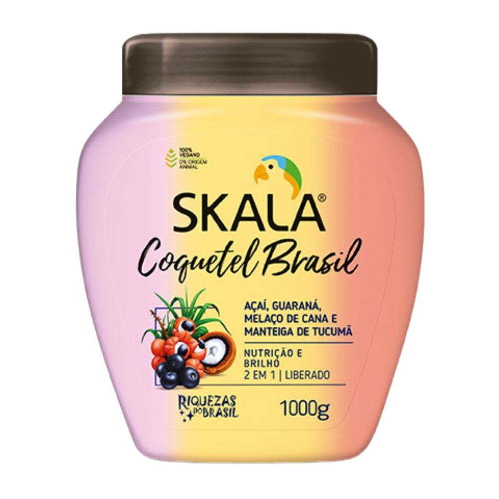 Máscara Skala Expert Coquetel Brasil 1000g: El shot de "Nutrición y Vitalidad" para cabellos opacos; fórmula 2-en-1 vegana y liberada que combina los tesoros de la Amazonía para devolver el brillo, la fuerza y el movimiento a rulos 2ABC, 3ABC y 4ABC.