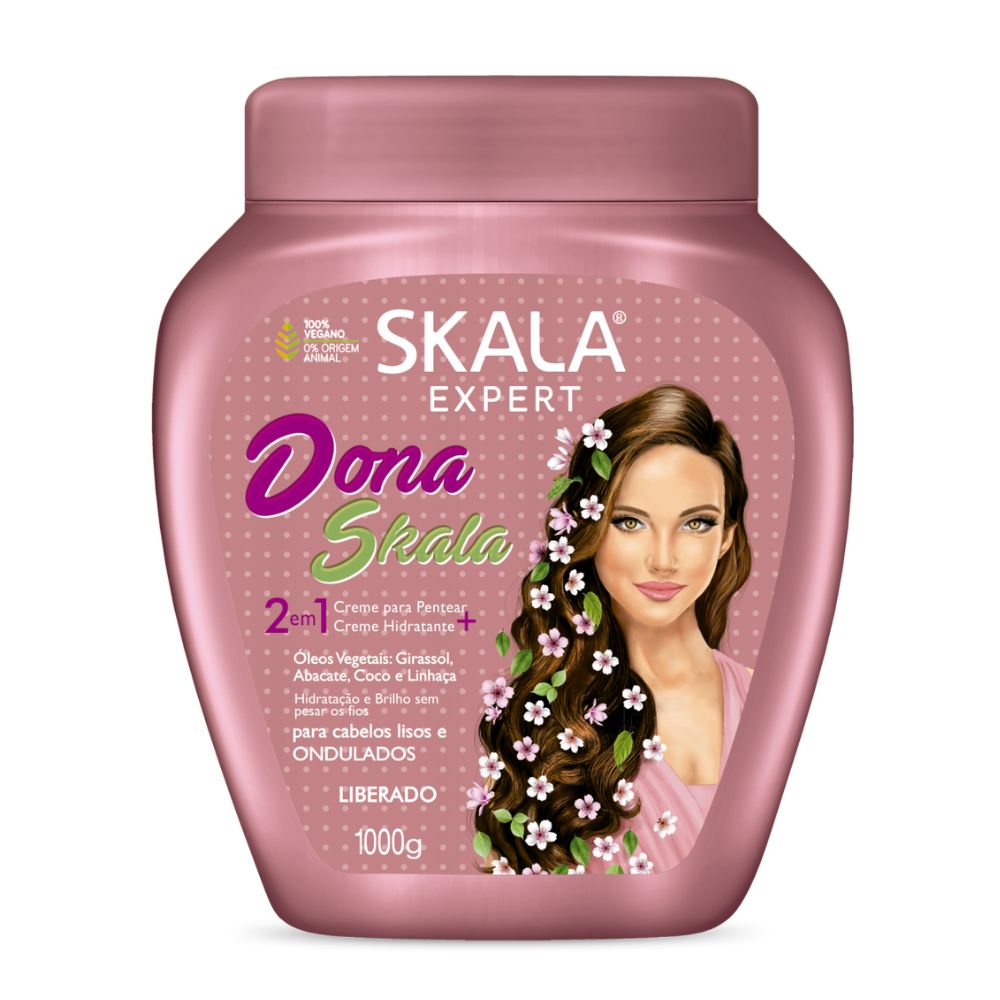 Máscara Skala Expert Dona Skala 1000g: El tratamiento de "Súper-Nutrición" diseñado específicamente para ondas y rulos que buscan ligereza; fórmula 2-en-1 con un complejo de óleos vegetales (Girasol, Palta, Coco y Linaza) que nutre profundamente, elimina el frizz y aporta un brillo espejo sin pesar.
